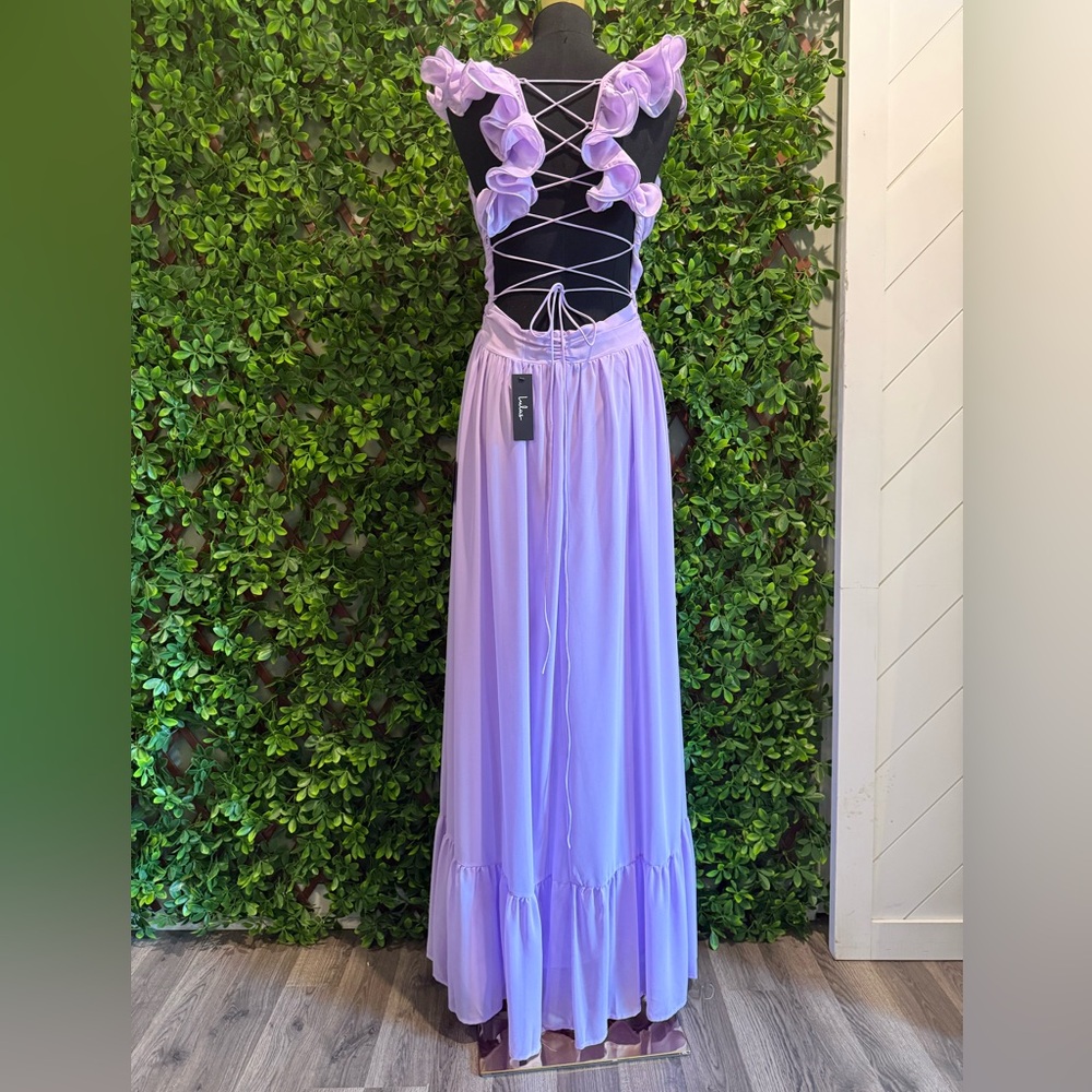 NWT- Soiree Celebration Purple Ruffled Lace-Up Dress - Picture 9 of 16